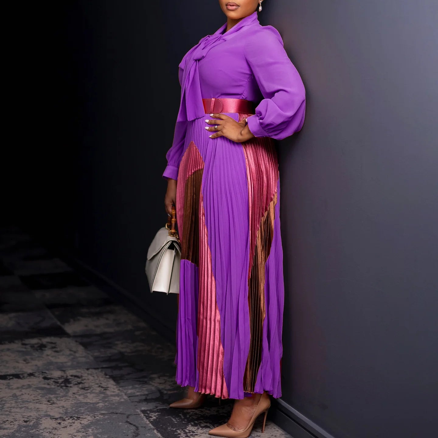 Amay Clothes for Women Elegant Pleated Bow Collar Maxy Dress and Belt Africa Clothing Robe Femme Spring