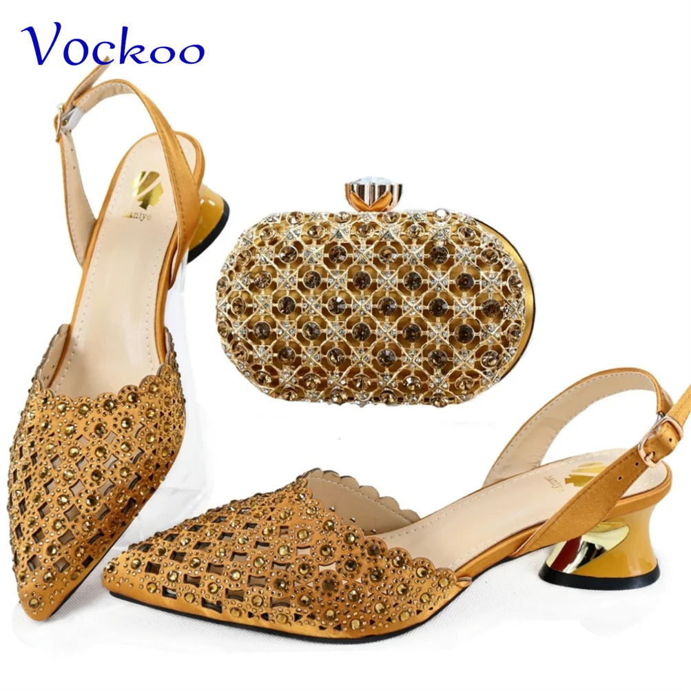 Maxy Fashion Purple Color Magazine Hollow Design Noble and Elegant Women's Low Heeled Shoes Paired with Evening Bags.