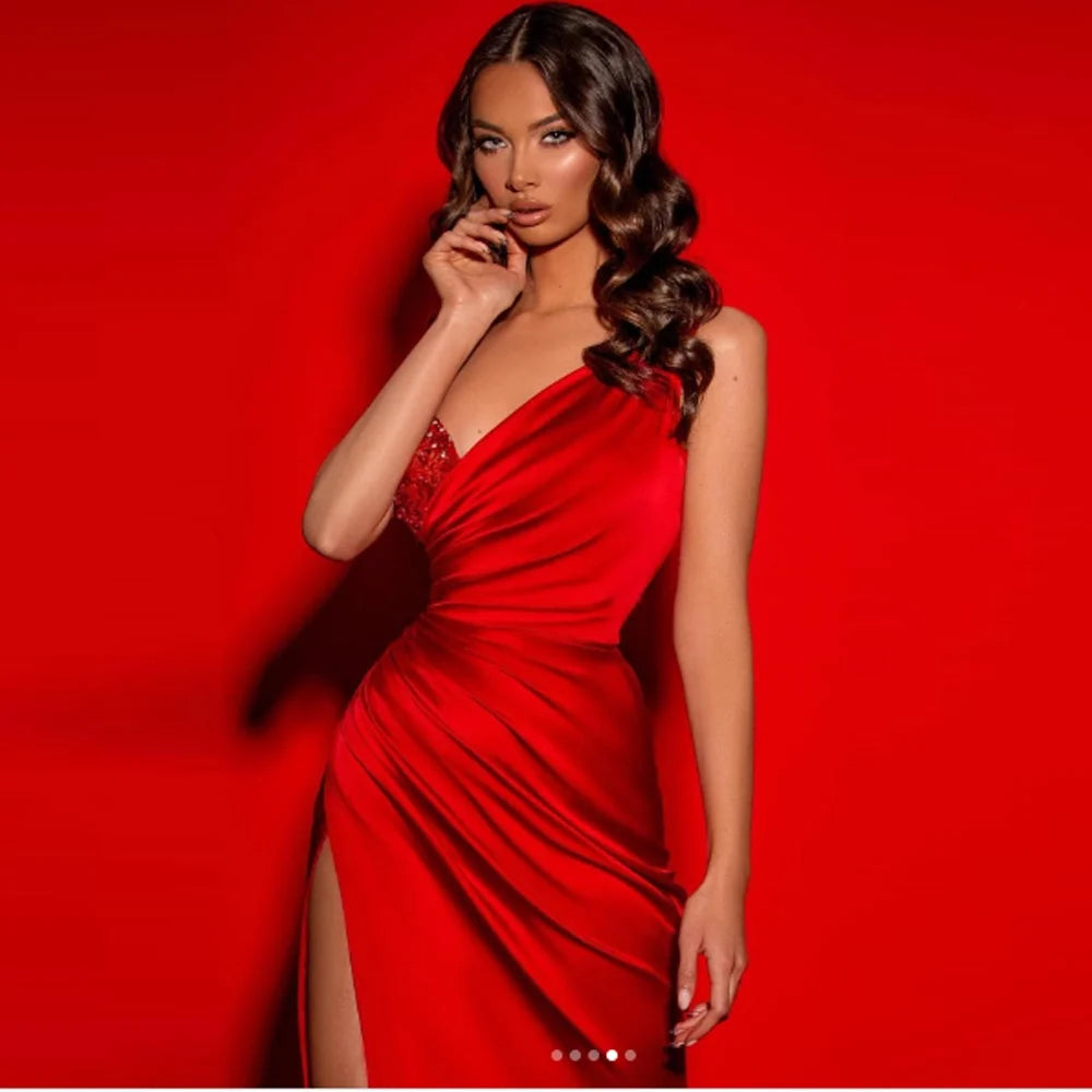 Maxy Red Mermaid Evening Dresses Side Split One Shoulder Sparkly Long Party Prom Gown For Women Sequined Pleat Sweep Train