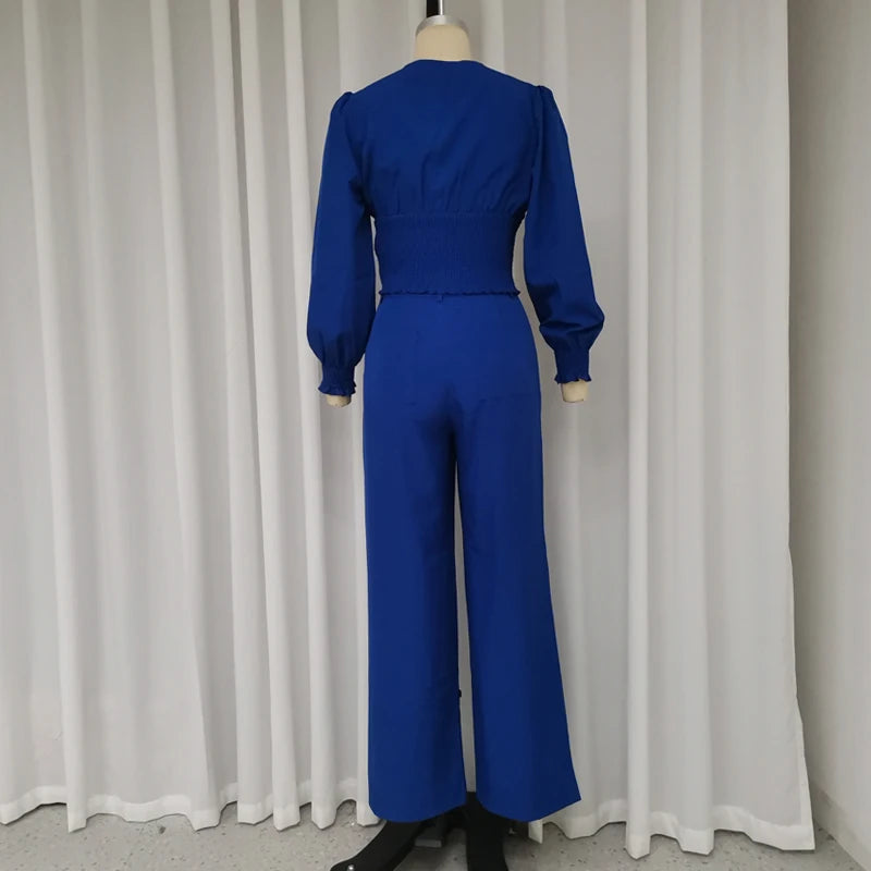 Maxy Women Two Piece Set Summer Casual Solid V Neck Long Sleeve Pleated Nipped Waist Top Loose With Wide Legs Pants Sets