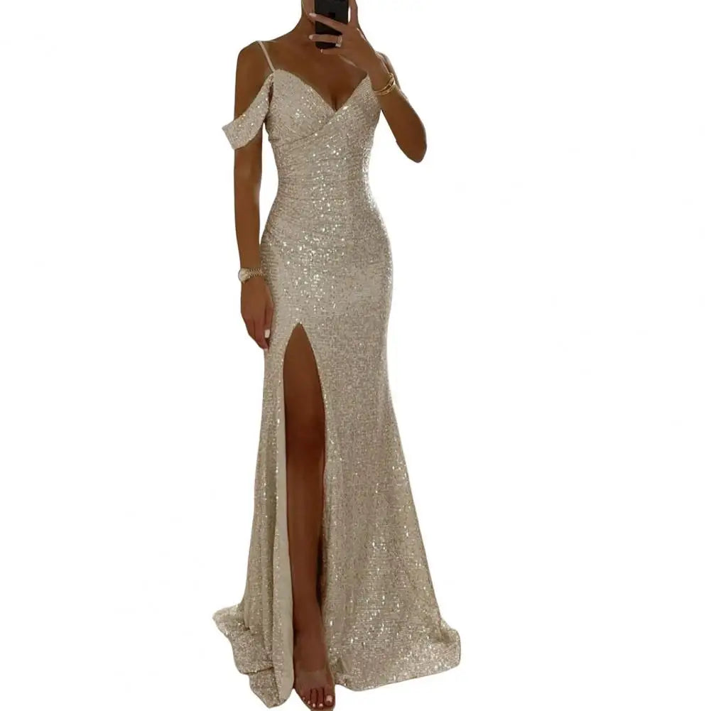 Amay V Neck Dress Elegant Sequin Ball Gown for Prom Wedding Parties Off Shoulder V Neck Maxi Dress with Side Slit Slim Fit Banquet