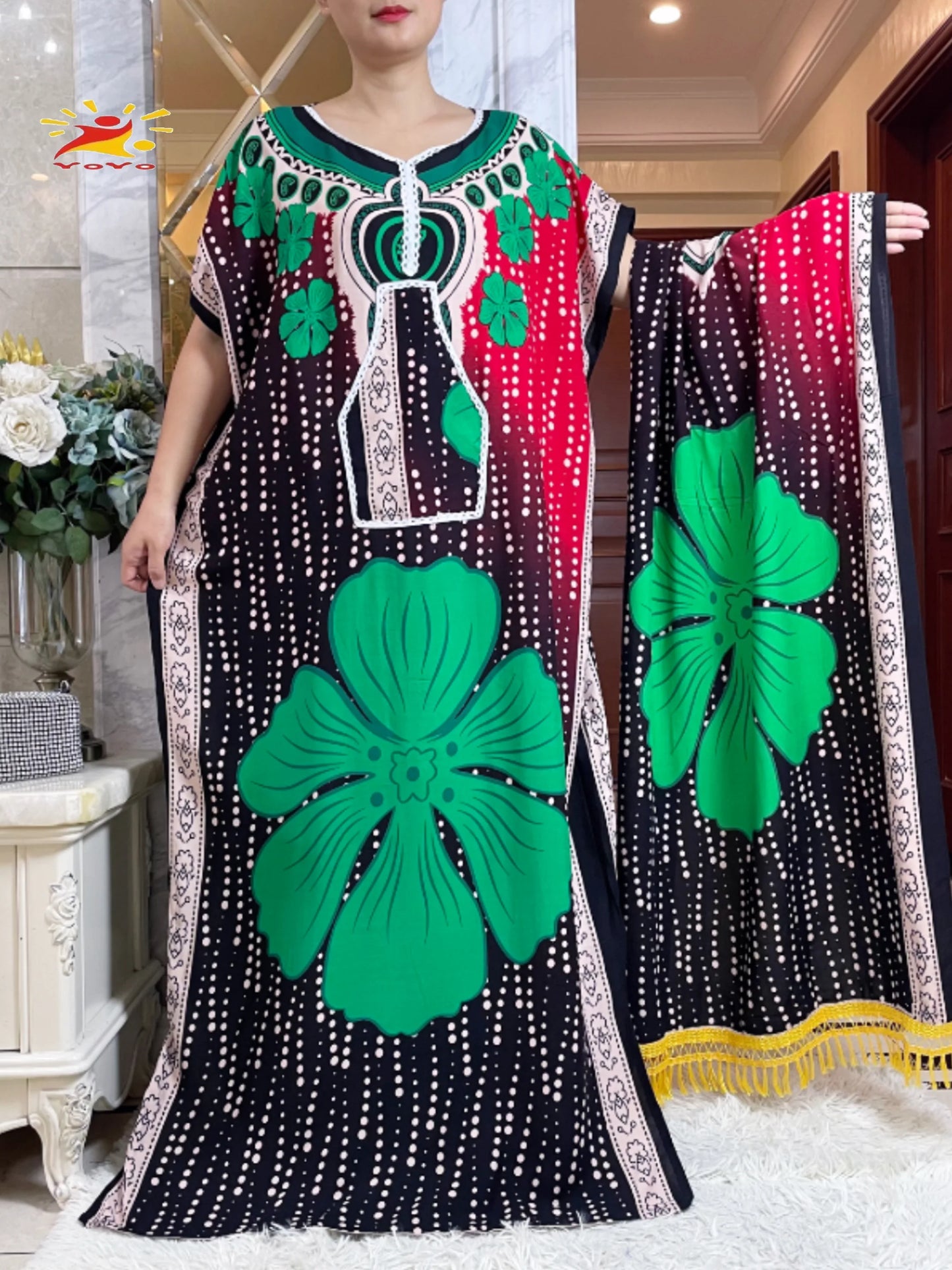 Macy Latest Autumn African Lady Dress with Big Scarf   Cotton Printed Loose Floral Boubou Pocket Maxi Islam Women Short Sleeve