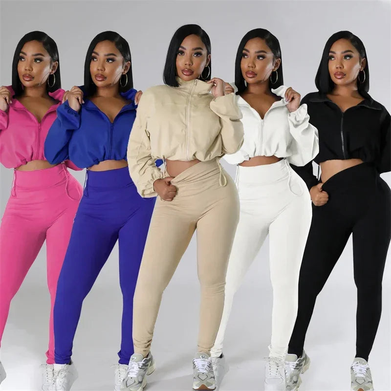 Maxy Solid Sporty Two Piece Set for Women Tracksuit Casual Fitness Workout Zipper Bomber Jacket Top and Sweatpants Matching Sets