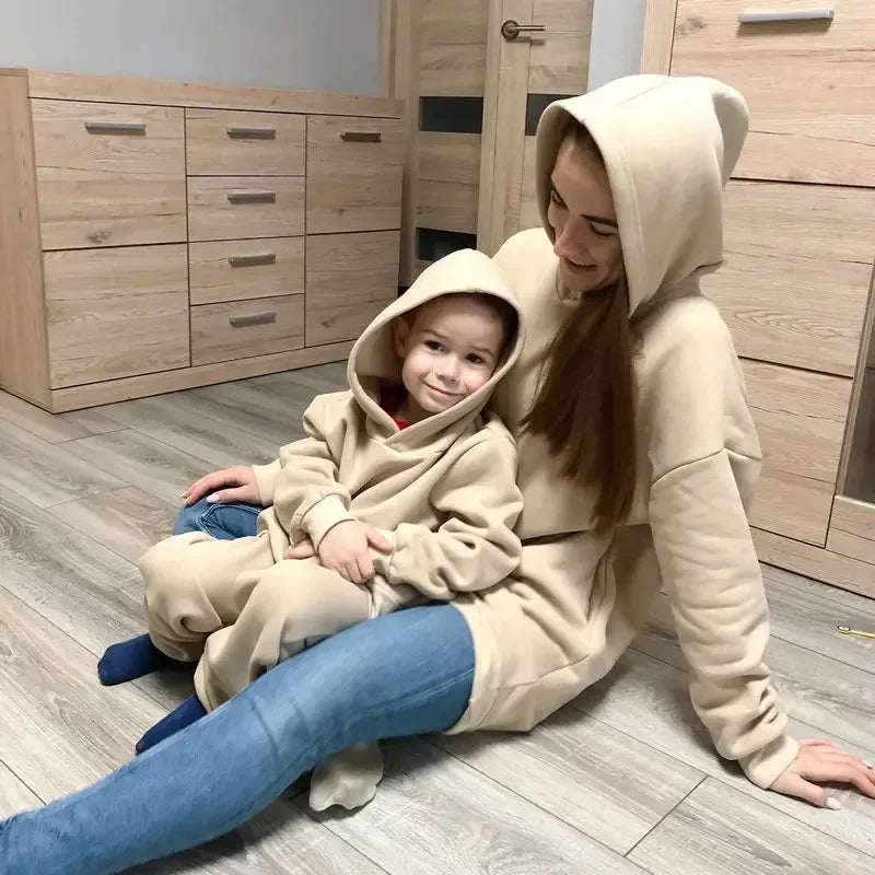 Maxy Tangara Winter Family Set Kids Costume Oversized Top Pocekt Women 100% Cotton Fleece Hoodies Sweatshirt Dress 6L50