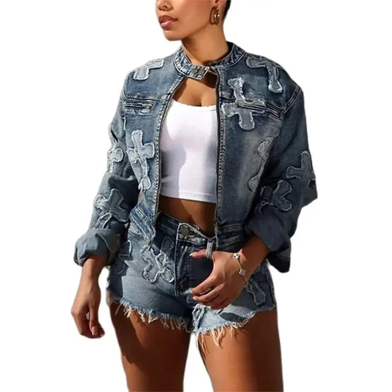 Zay Women Vintage Embroidery Cross Two Piece Sets Zipper Cardigan Button Splice O Neck Short Jacket Female Denim Suits Tassel Shorts