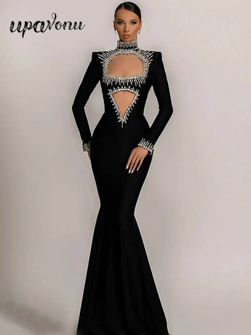 Amay Autumn Women Light Luxury Nail Bead Rhinestone Bandage Dress With Stand Up Collar Long Sleeved Hollow Bodycon Long Dress