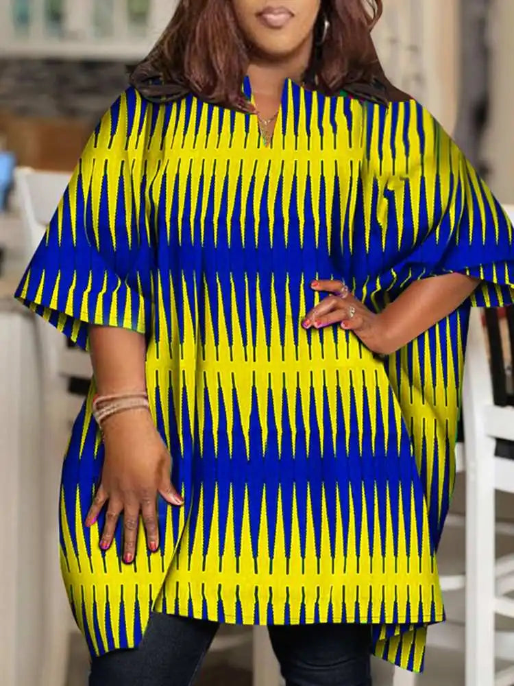 Amay Plus Size Women Elegant Printed Shirts Bohemian Blouses Half Sleeve V Neck Tops Fashion V-Neck Blusas Femininas