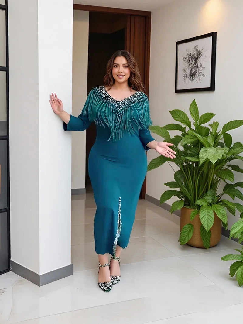 Amay Dresses for Women Luxury Plus Size Tassel Diamonds Bodycon Evening Dress Elegant Kaftan Dashiki Ankara Clothing