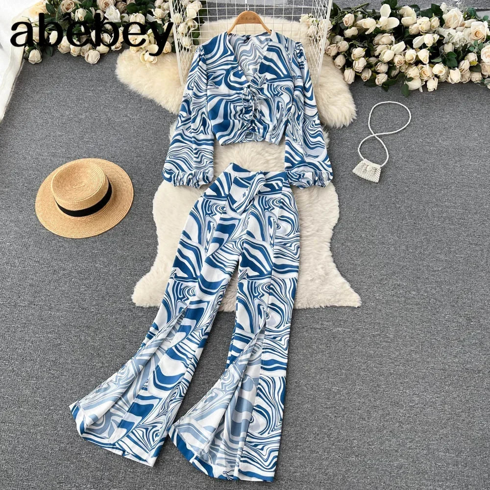 Maxy Summer Women Floral Printed Two Piece Set Sexy V Neck Lantern Sleeve Short Tops + Wide Leg Pants Suit Vacation Beach New