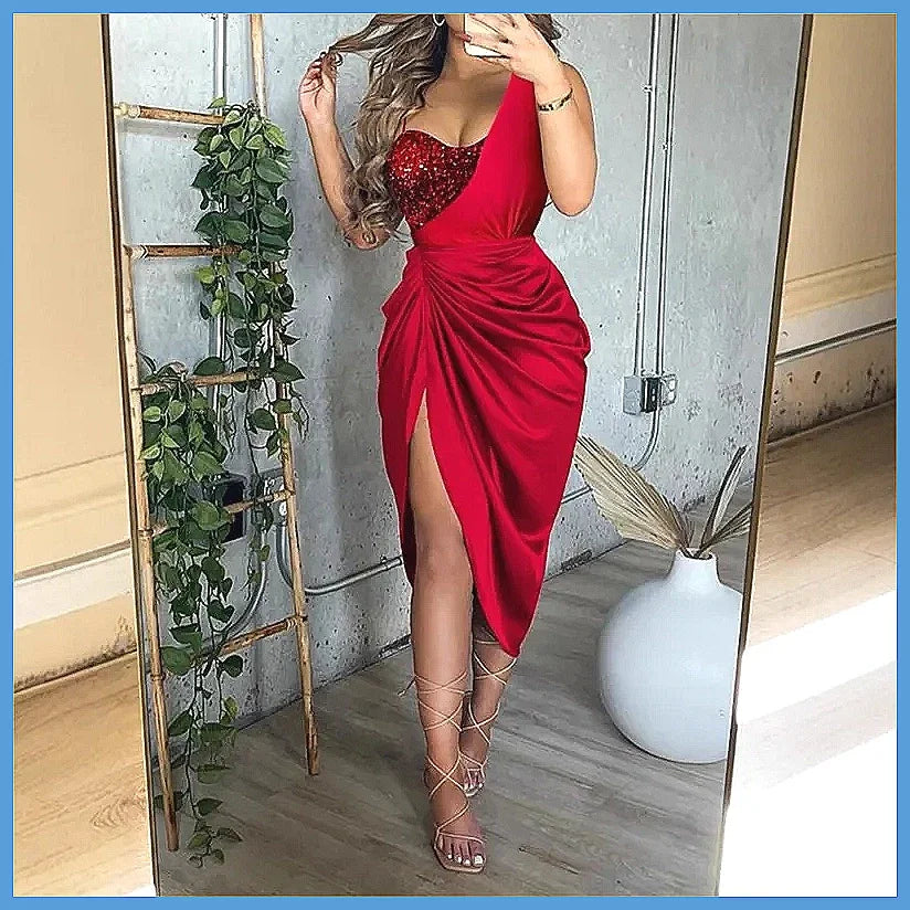 Sequin One Shoulder Slit Long Dress for Women, Elegant Smocked Party Dress, Summer Evening Gown (Characters: 78)
