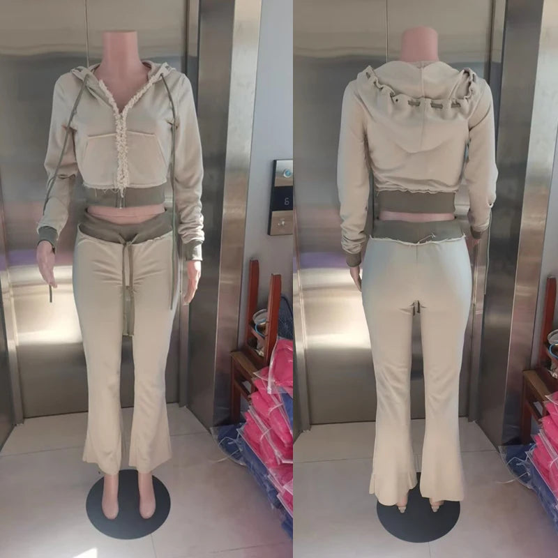 Maxy 2 Two Piece Lounge Set Women Clothing Elegant Tracksuit Drawstring Hoodie Zip Crop Jacket and Flared Pants Outfit Matching Sets