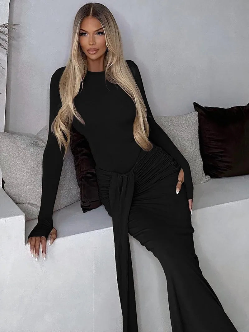 Maxy Fashion Woman Full Sleeve Bodycon Folds Long Maxy Dress Evening Party Outfit Office Lady Elegant Bandage Formal Occasion Dresses