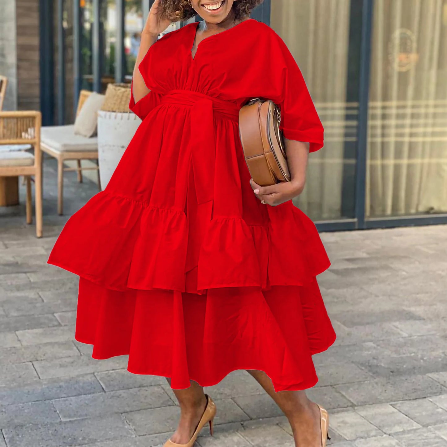 Maxy New Fashionable A-line Dress African Long Dresses for Women Evening Party V-neck Loose Cake Robe Femme Ankara Turkey Outfit