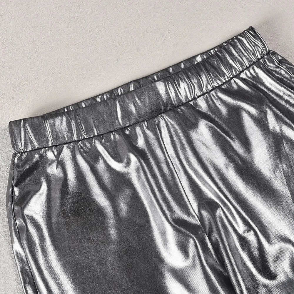 Maxy Women Metallic Gilding Slim Hipster 2 Piece Set Side Hollow Out Bandage Zipper Short Vest Flare Pants Casual Streetwear Outfits