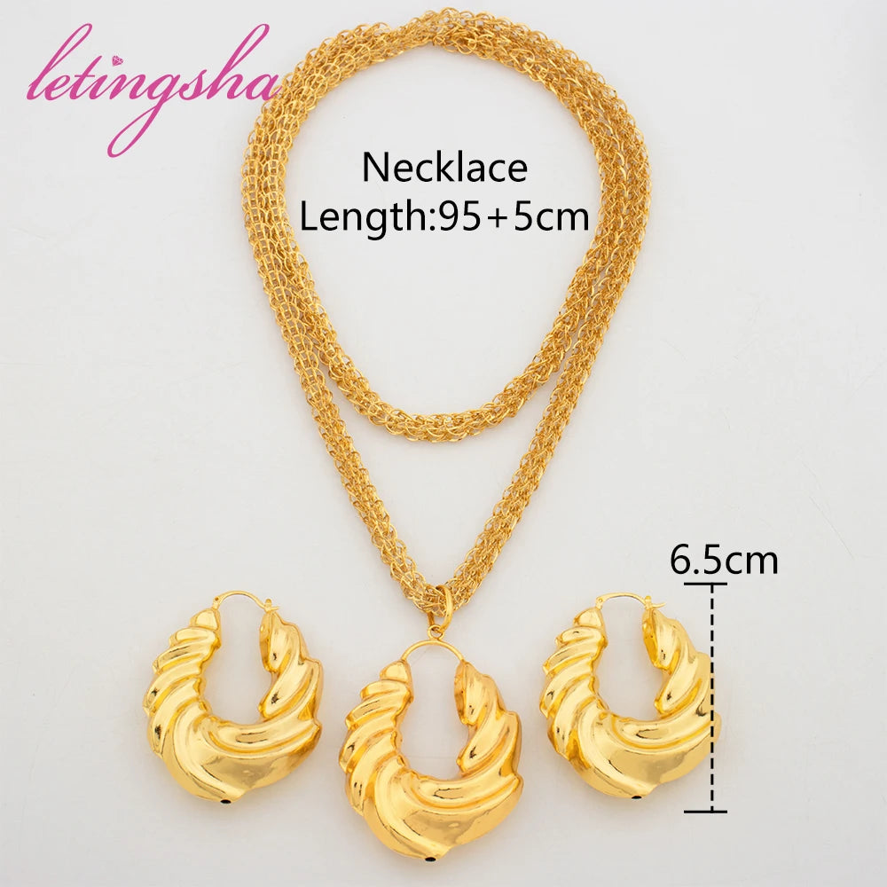 Maxy Luxury Gold Color Earrings Ins TK Hot Sale Long Necklace Chain Set Fashion Jewelry Wedding Party Anniversary Gift