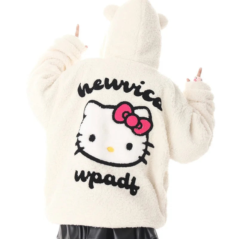 Maxy Hello Kitty Zip Hoodie Girl Loose Cardigan Coat Streetwear Women Clothes Oversized Sweatshirt Cardigan Plush Jacket Sweater