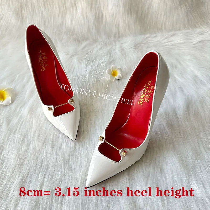 Amay Free Shipping Black White Red Patent Leather Shallow Metal Hollow Out Open Toed Women Lady Hot Sale 120mm High Heel Shoes Pump