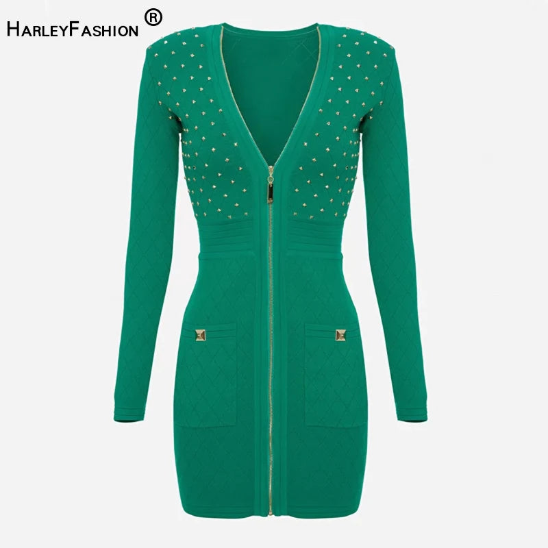 Amay Stunning Plaid Knit Mini Dress with Diamonds Pattern Zipper and Metal Studs Fresh Green Color High Street Women Clothing