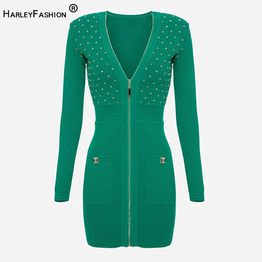 Amay Stunning Plaid Knit Mini Dress with Diamonds Pattern Zipper and Metal Studs Fresh Green Color High Street Women Clothing