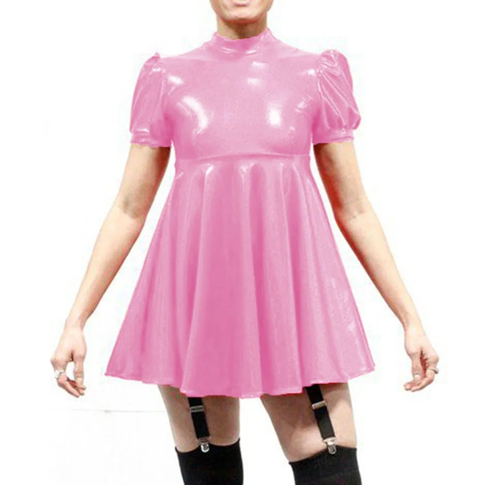 Maxy Plus Size Latex-look Mini Dresses Fashion Mock Neck Pleated A-Line Sissy Dress Rave Party Swing Short Dresses Male PVC Vestidos