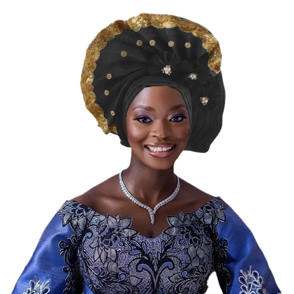 Maxy Beaded Turban Cap for Women Wedding Headwear Auto Gele Aso Oke Headties Hijab Bonnet Head Wrap Hat Nigeria Headgear