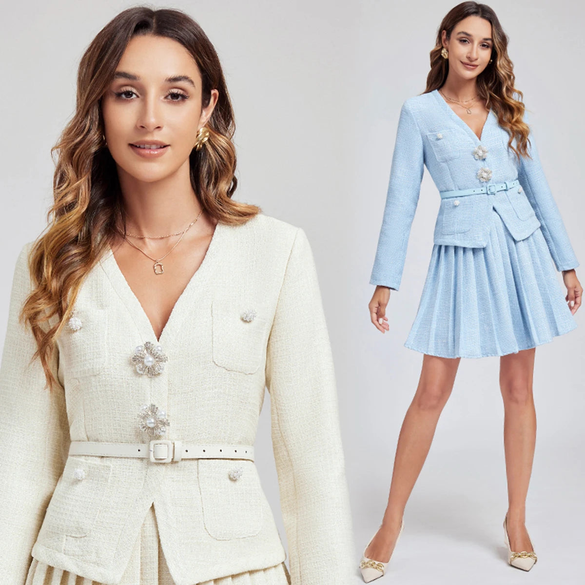 Maxy Designer Autumn Crystal Woolen Tweed Two Piece Set For Women's Long Sleeve Jacket + Short Pleated Skirts Suits Coat 2pcs Outfits