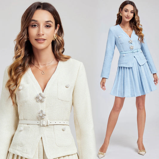 Maxy Designer Autumn Crystal Woolen Tweed Two Piece Set For Women's Long Sleeve Jacket + Short Pleated Skirts Suits Coat 2pcs Outfits