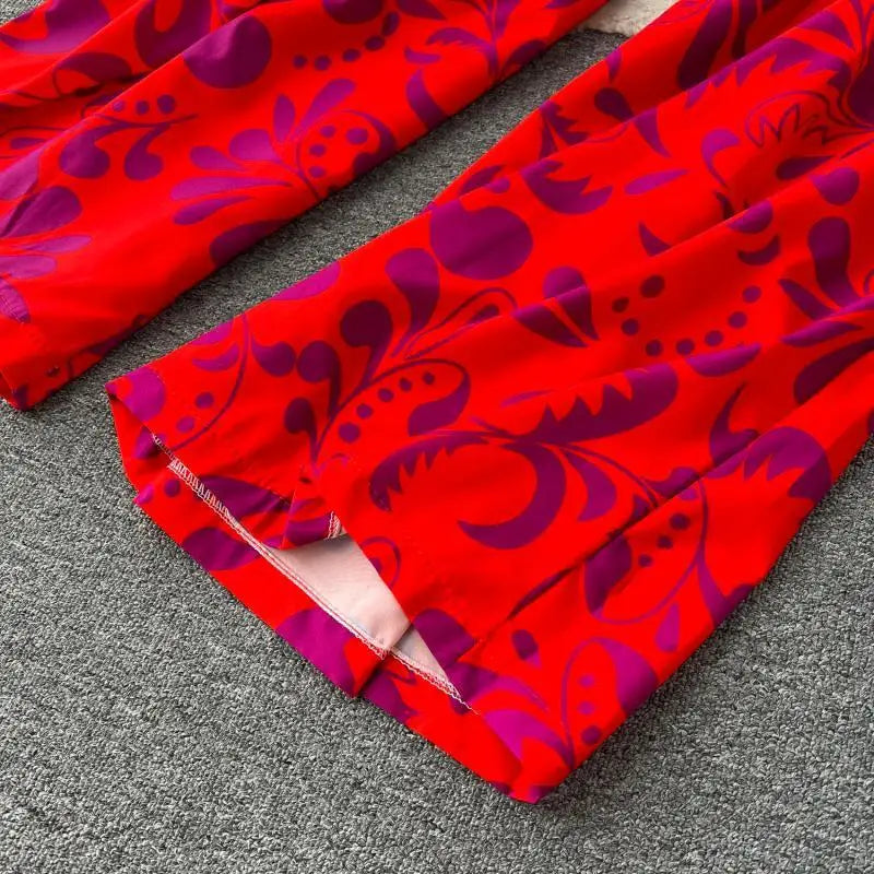 Maxy Fashion Floral Two Piece Set For Women Print Short Sleeve Lapel Tops+High Waist Wide Leg Pants 2 Pieces Sets Summer Suit