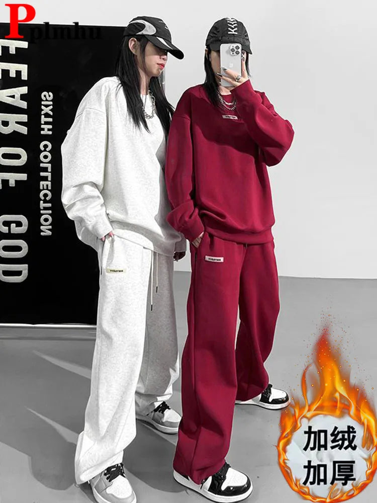 Maxy Korean Fashion Thicken 2 Piece Sets Women O-neck Velvet Lined Pullover Tops Conjuntos Winter Warm Solid Sweatpants Tracksuit New
