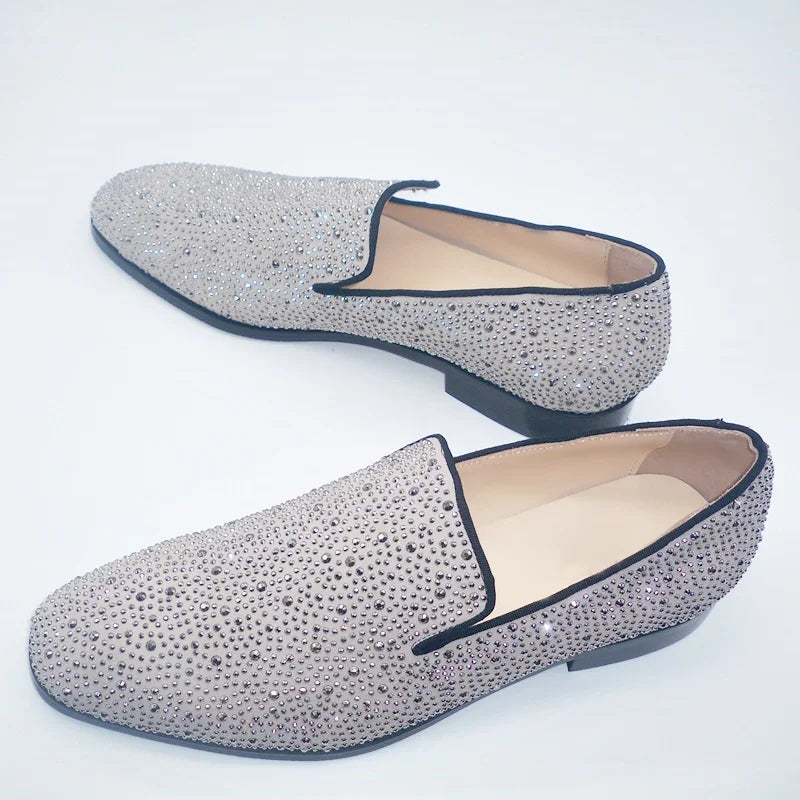 Visco Silver Rhinestone Loafers For Men Luxury Fashion Mens Leather Dress Shoes Handmade Slip On Casual Shoes