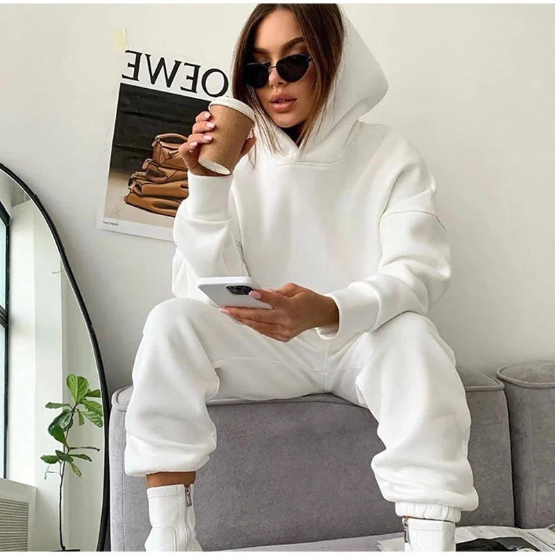 Maxy Pullover Hooded Tracksuit Women Two Pieces Pant Sets Sweatshirts Pockets Pants Suit Thick Elastic Waist Spliced Sporty Autumn