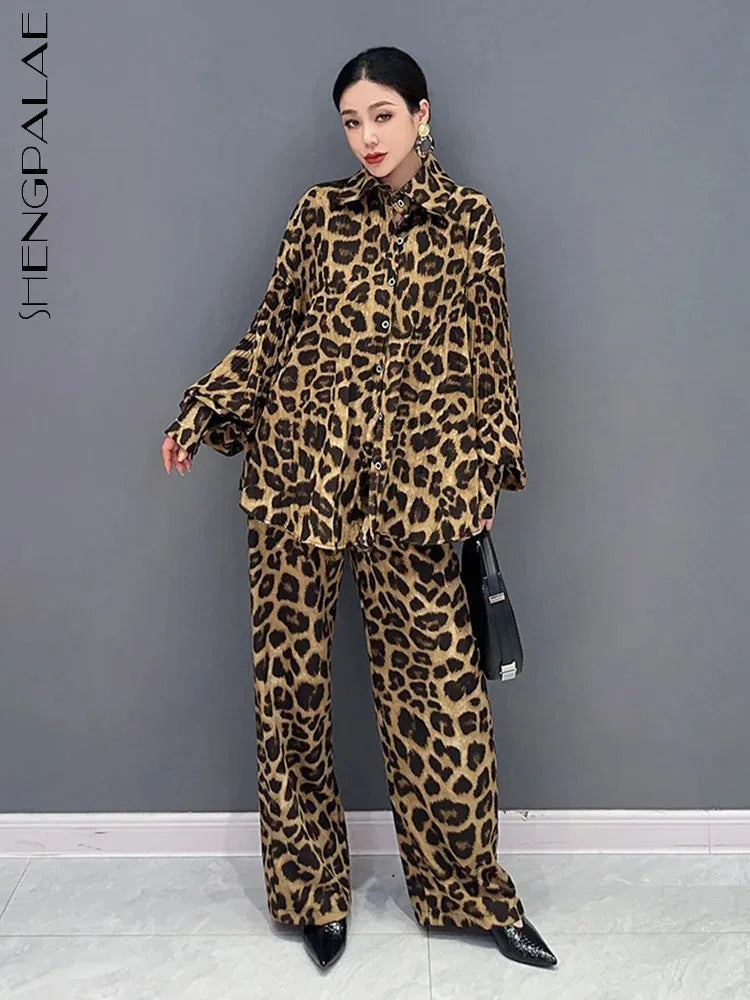 Babs SHENGPALAE 2 Pieces Sets Fashion Leopard Print Lapel Single Breasted Shirt Casual Straight Trousers Spring New Tide 5R5164