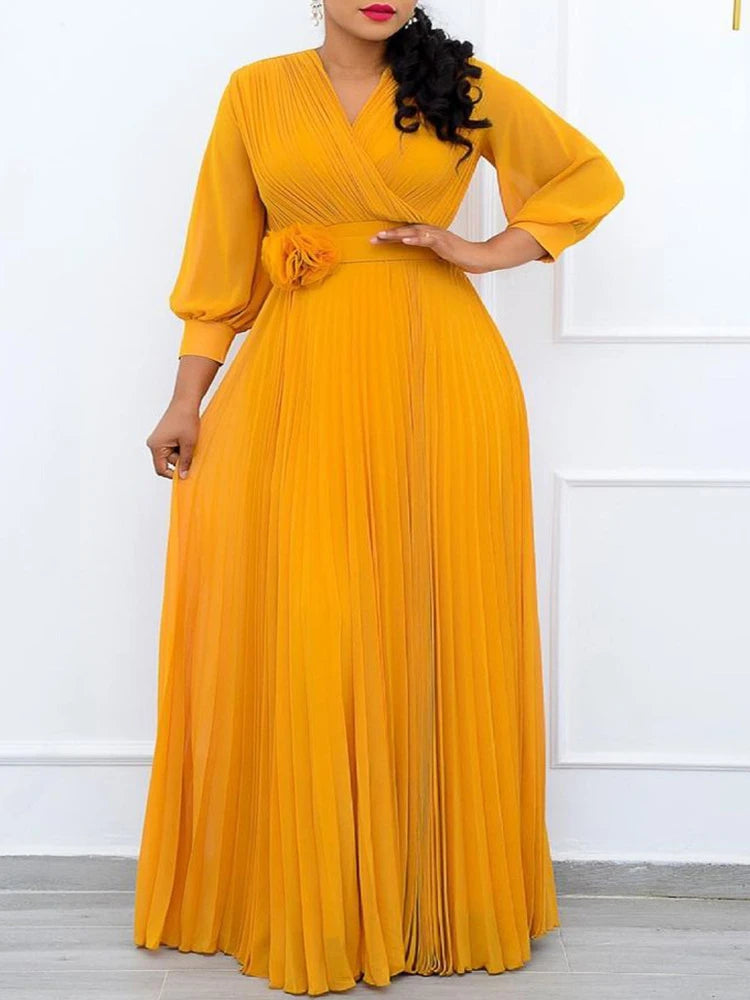 Amay Women Plus Size Lantern Long Sleeve Long Dress Fashion Elegant Solid Color V Neck Belt High Waist Ruched Evening Birthday Party
