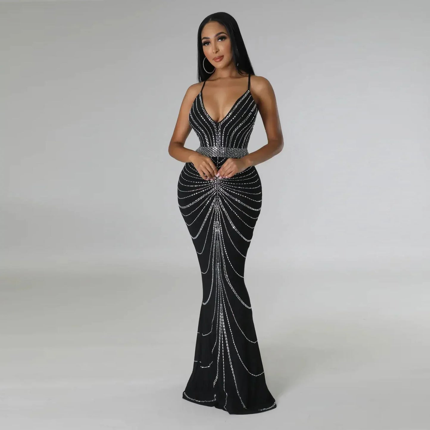 Maxy Women's Diamond Rhinestone Sleeveless V-neck Mermaid Maxi Dress Sexy Club Party Evening Gown Trumpet Style