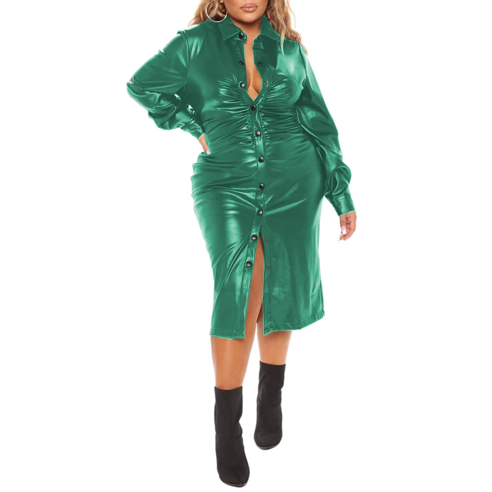 Maxy Plus Size Office Ladies Long Sleeved Dress Matte PU Leather Solid Color Lapel Button-Up Midi Dress Chic Elegant Women's Dresses