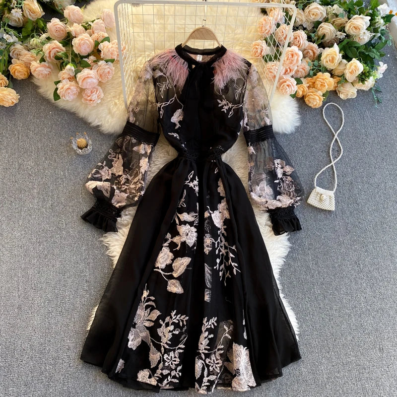Maxy Spring Autumn Zipper Embroidery French Retro Style Lapel Waistband Slim A Line Mesh Lace Dress Elegant Women Clothing