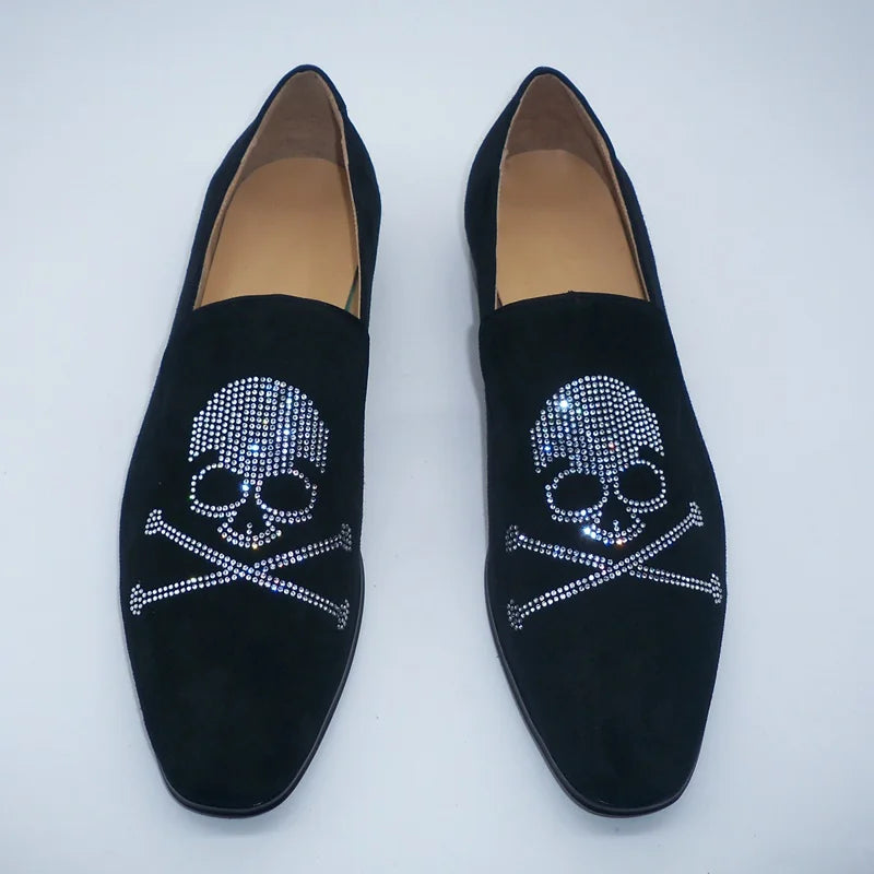 Visco Luxury Man Black Suede Shoes Skull Pattern Rhinestone Loafers For Men Handmade Crystal Shoes Mens Leather Casual Shoes