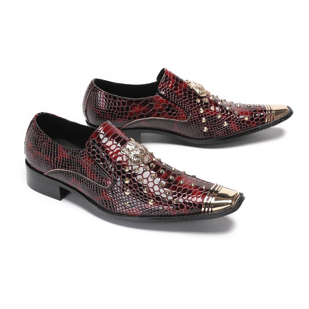 Amay Italian Metal Pointed Toe Male Dress Shoes Man Rivets Night Club Party Formal Shoes Slip on Oxfords Business Men Brogue Shoes