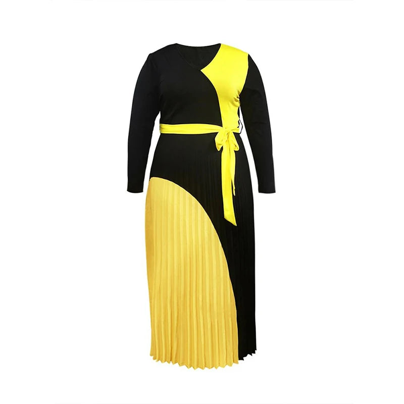 Maxy Plus Size Pleated A Line Dress for Women Spring Long Sleeve Midi Dresses Female Elegant Contrast Patchwork Dress Lady