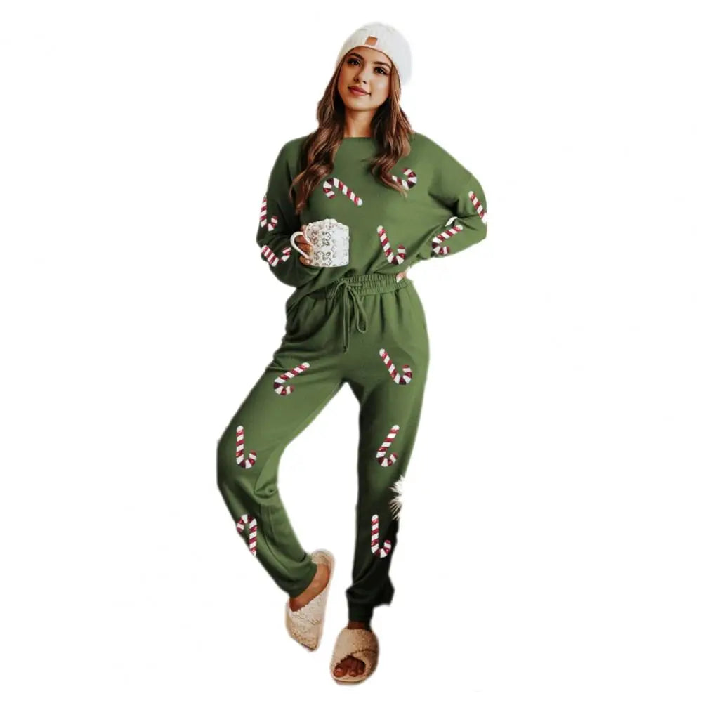 Maxy Women Christmas Suit Festive Holiday Pajama Set with Christmas Print Sequin Top Elastic Waist Pants for Women for New Year's