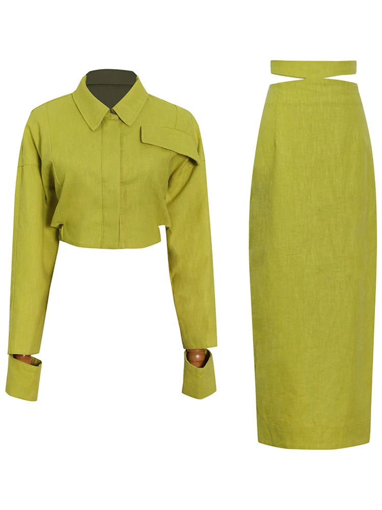 Maxy TWOTWINSTYLE Solid Casual Two Piece Set For Women Lapel Collar Long Sleeve Short Top High Waist Slim Skirt Female Fashion