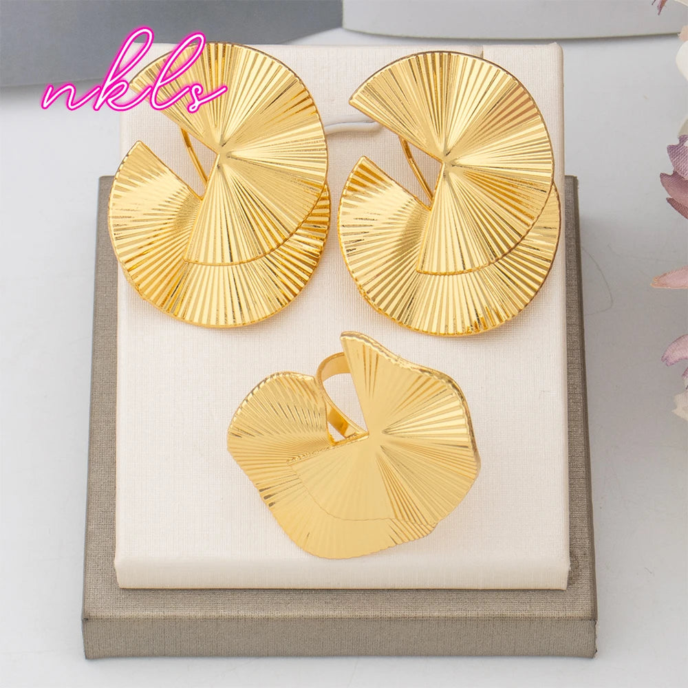 Maxy Gold Color Fashion Earrings and Ring Set Dubai Trend Jewelry Set for Women Luxury Bride Wedding Jewelry Daily Wear Party