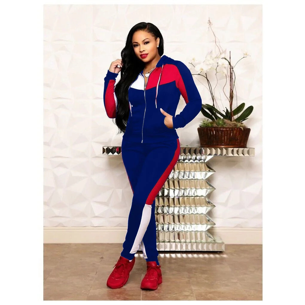 Maxy Spring Two Piece Sets Women's Geo Print Long Sleeve Zip Up Hooded Top & Pants Set Outifits Fashion Tracksuits Casual Elegant