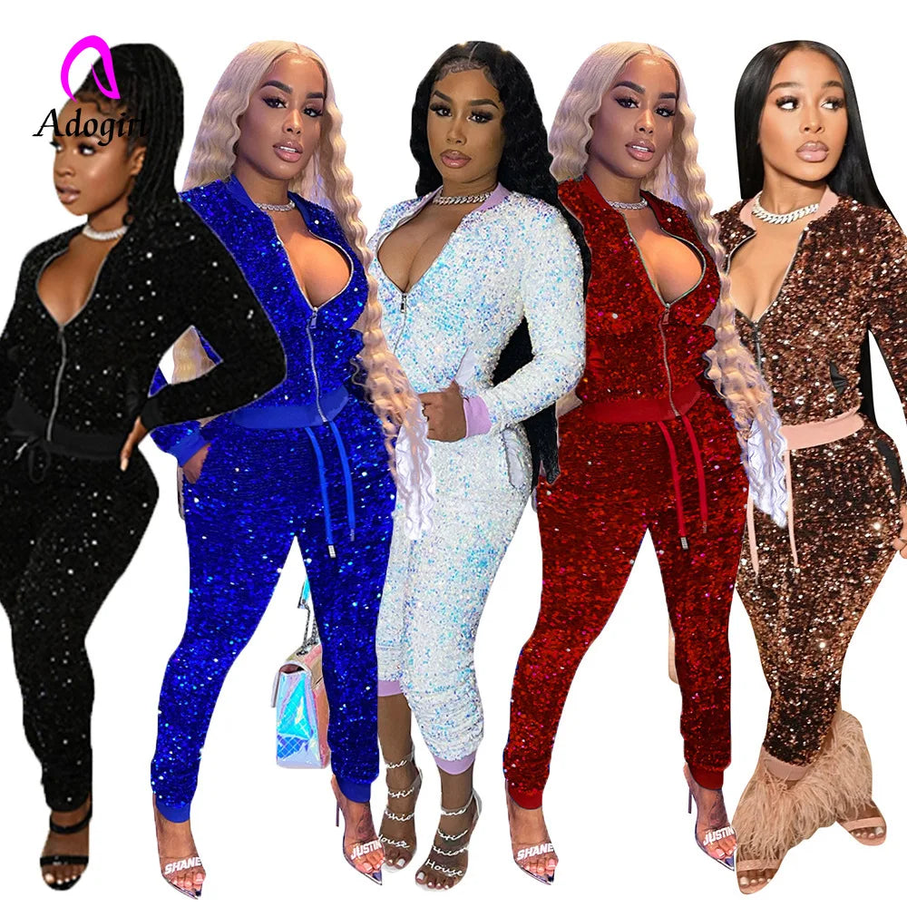 Sequin Women 2 Piece Set Solid Velvet Zipper Fly Crop Jacket High Waist Skinny Jogging Pants Matching Set 2022 Autumn Tracksuits