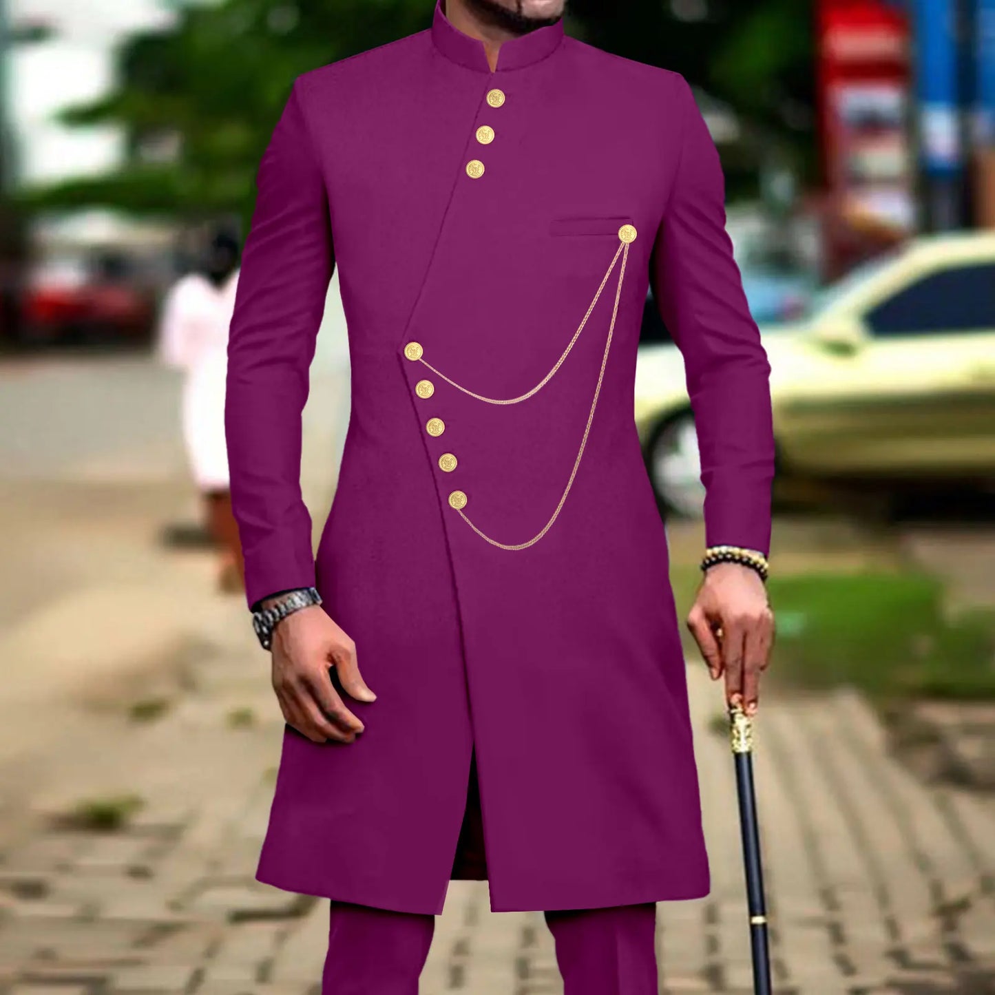 Maxy Men`s Suit African Clothes Dashiki Single Breasted Long Jackets and Pants 2 Piece Set Slim Fit Formal Outfits Coats A2316014