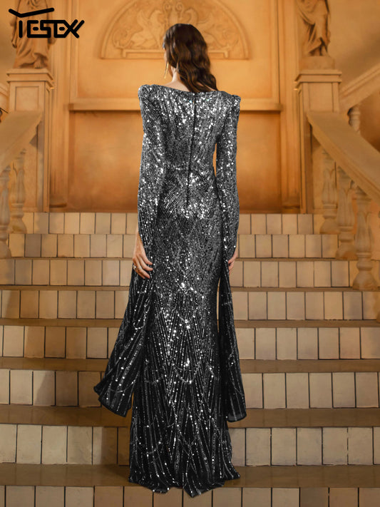 Maxy New Church Dress Square Neck Long Sleeved Sequin Mermaid Evening Gown Wedding Birthday Party Formal Occasion Maxy Dresses