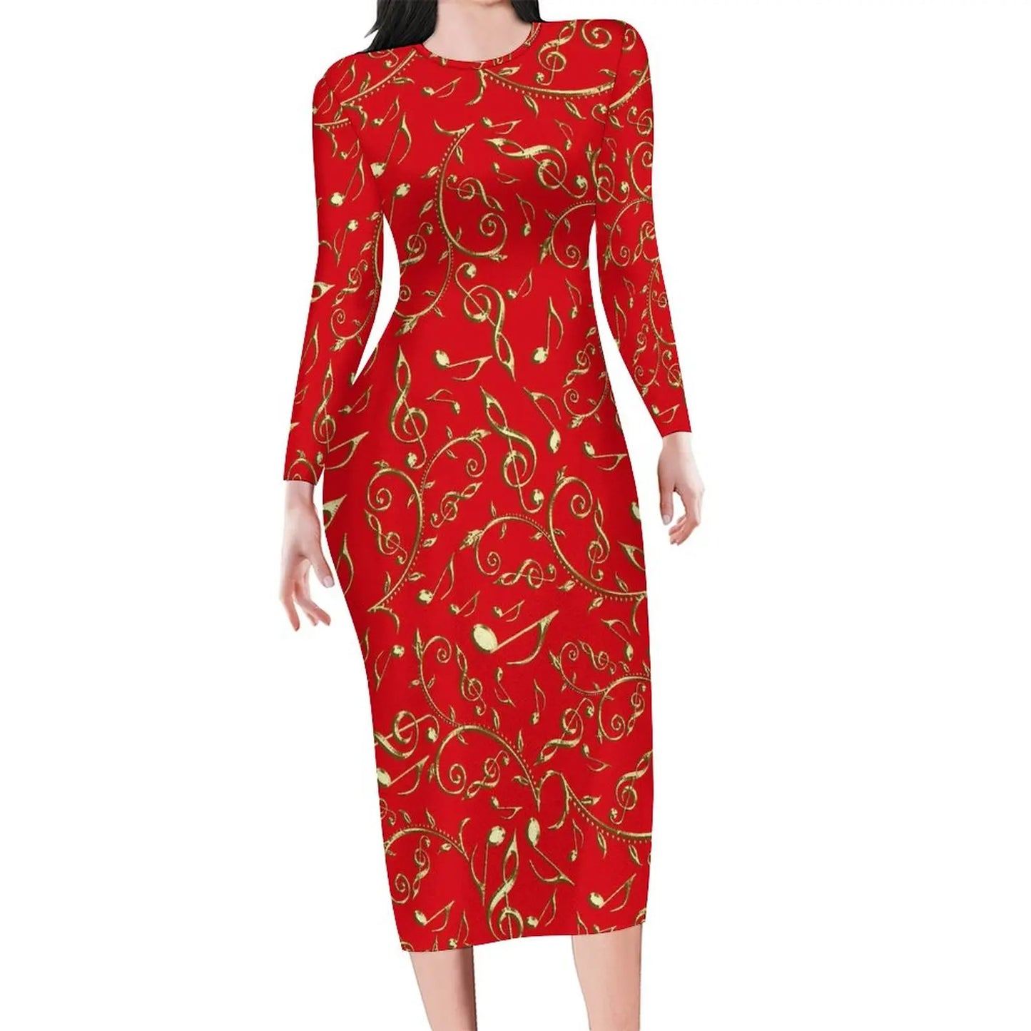 Amay Rainbow Music Notes Dress Long Sleeve Retro Print Kawaii Dresses Autumn Ladies Aesthetic Custom Bodycon Dress 3XL 4XL 5XL