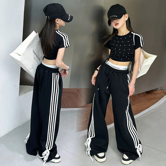 Maxy Girl's Fashion Set Black Hot Diamond T-shirt + Side Striped Pants Korean High Summer Set Kids Two Piece Suit Princess Clothing