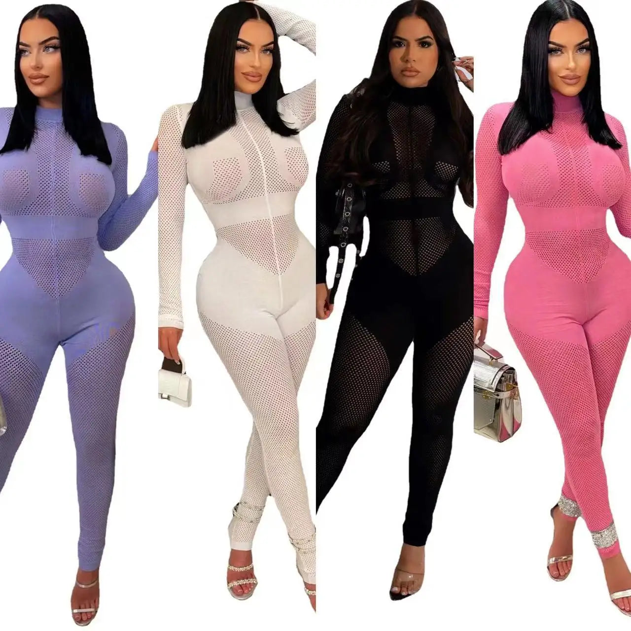 Amay Lady Streetwear Slim Plain Ripped Stand Collar Distressed Cut Out Knit Bodycon Casual Women Grey Long Sleeve Jumpsuit