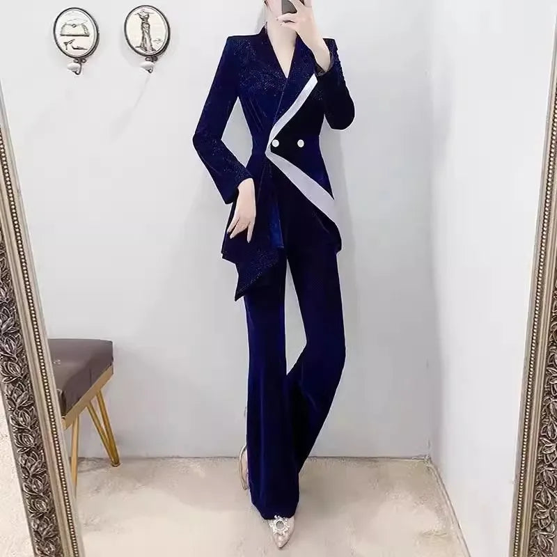 Maxy Blue Golden Velvet Suit Set Women 2024 New Spring Autumn Season High End Temperament Casual Small Blazer Foreigner Pants Career